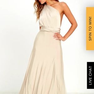 Champagne colored convertible maxi dress. Stretchy
